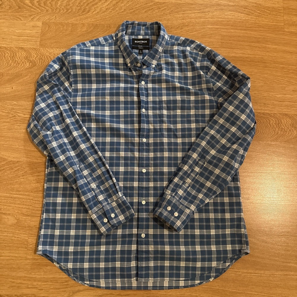 BONOBOS Shirt Mens XL Stretch Standard Fit Blue / White Plaid Long Sleeve Preppy